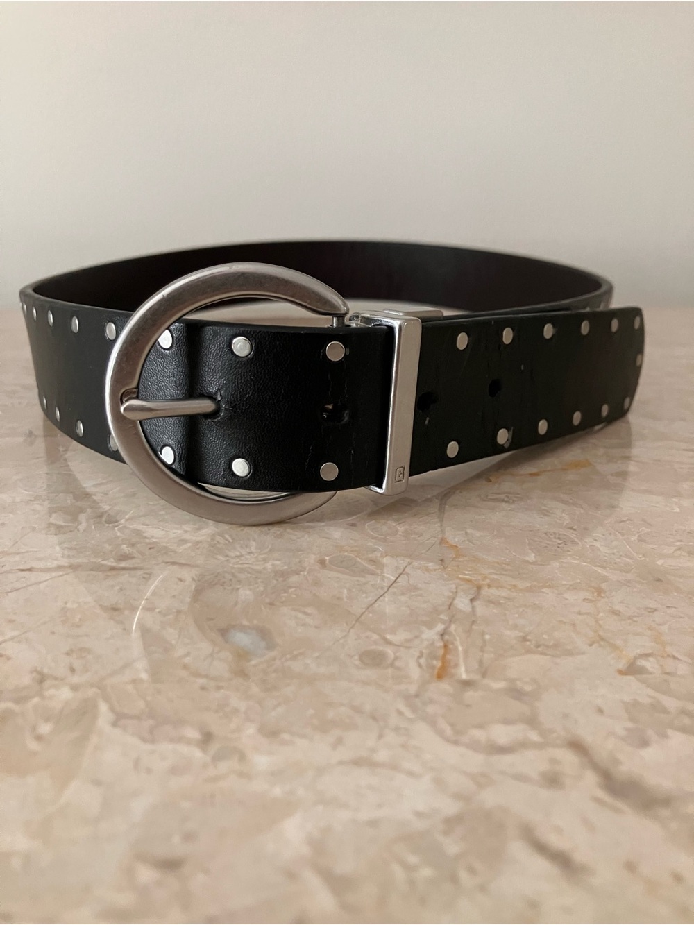 Black Studded Faux Leather Belt with Silver Round Buckle | 35 inches